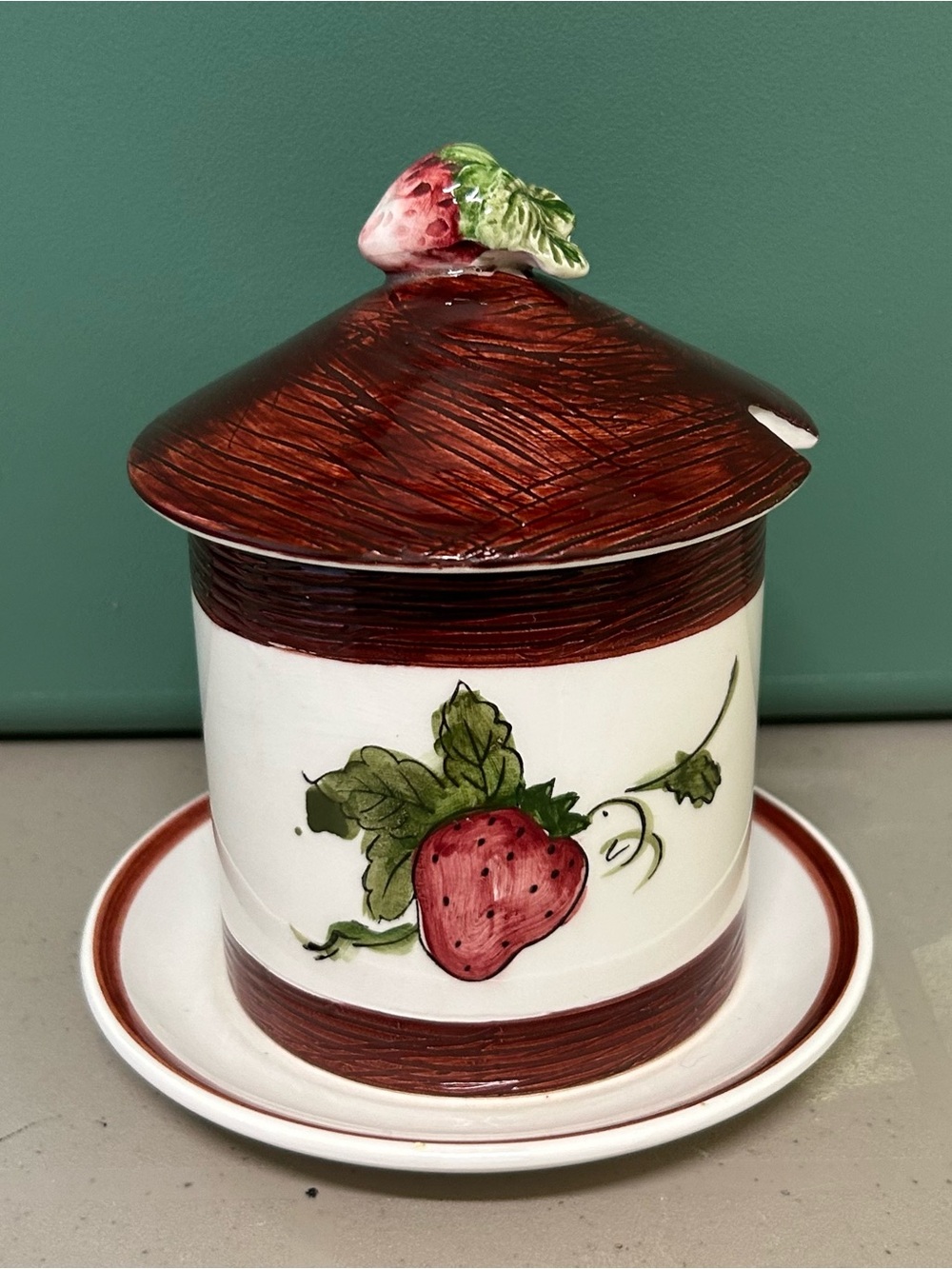 Vintage Hand Painted Strawberry Jam Pot with Underplate
